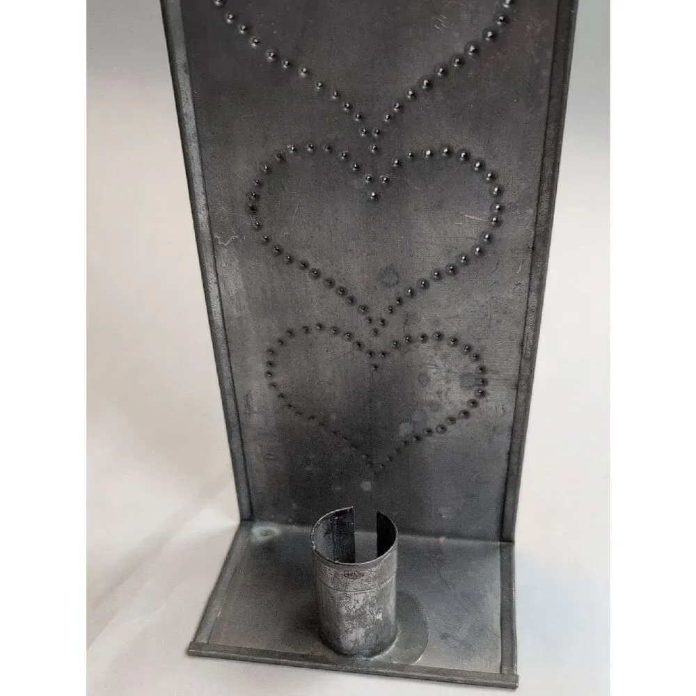Vintage Handcrafted Gray Metal Punched Tin Hearts Wall Candle Sconce